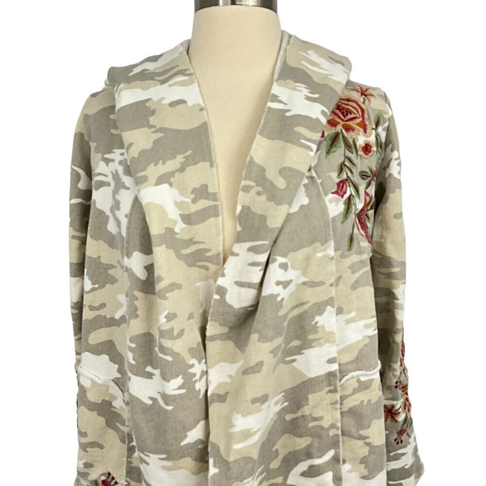 Athleta Caite Size XS Hooded Duster Beige Gray Camo Floral Embroidery Open Front - Picture 2 of 11